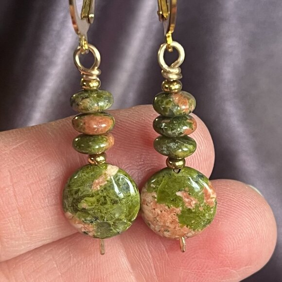 Gemstone Earrings, Unakit, Green and Pink Natural Gemstone Dangle Earrings - Picture 5 of 5
